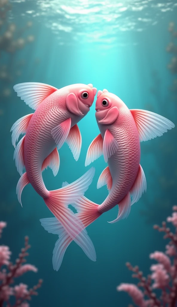 two pink beautiful fish that are inlove