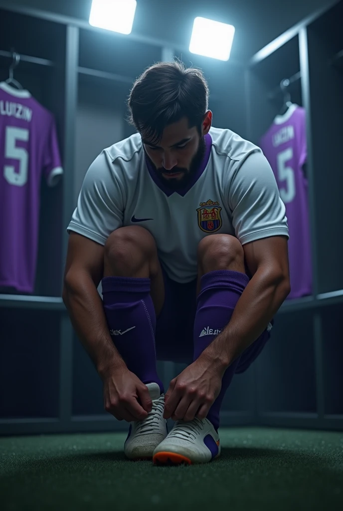 Make a picture of a soccer player tying his boots by himself, with lights completely obscuring his face and him with medium short hair and a beard, brown skin color. the locker room is dark and the spotlights are shining on him and the Galados City team, uniform in white and purple colors and I want you to put a shirt behind and on top of it with the number 5 and the name LUIZIN. Make your surroundings completely dark. LET HIM keep his head completely down and focused, and I just want 1 shirt behind him. put on