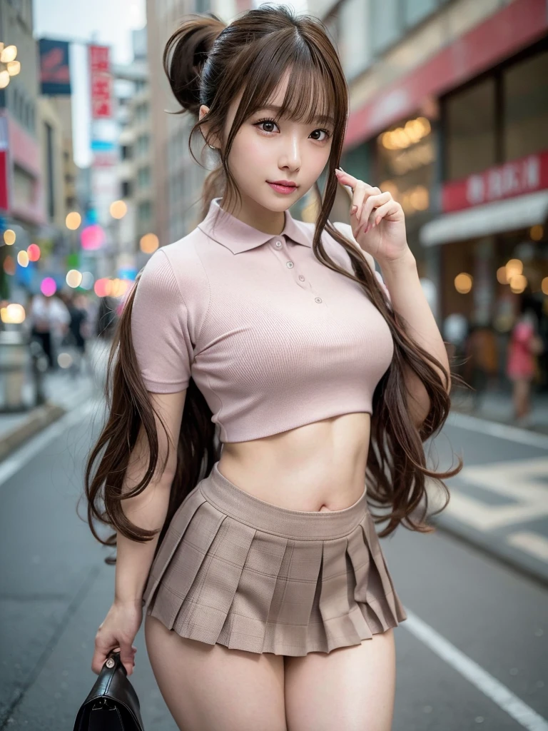 In the streets of Akihabara, (8k, RAW photo, best quality, masterpiece:1.2), (realistic, photo-realistic:1.4), ultra-detailed, perfect anatomy, perfect limbs, perfect hand, Surreal, Perfect dynamic composition, Big Face, Round face, (Light brown hair:1.3, Long Hair, bangs, Layered Hair, ponytail), Highly detailed skin and facial textures:1.3, thin, Perfect Proportions, Mid-chest:1.5, Underboob, I can see my belly button, Cleavage, Shiny legs, Limb details,  A cute and sexy 40 year old woman, (Totally captivates you:0.9), (Ultra Micro Mini Pleated Skirt:1.4), (Tight cropped polo shirt:1.4), High heels, (Gal Makeup, eyeliner, mascara, Pink Lip Gloss, Distant eyes, Beautiful erotic eyes:0.85), Sexy Face:0.4, (Mouth closed, Small Mouth, Thick lips, A taste of beautiful eroticism:0.85), (Too cute beauty:0.9), Cinema lighting from the front, (look up:1.3), (close), (walk:1.5), smile:0.7, Have nothing, 