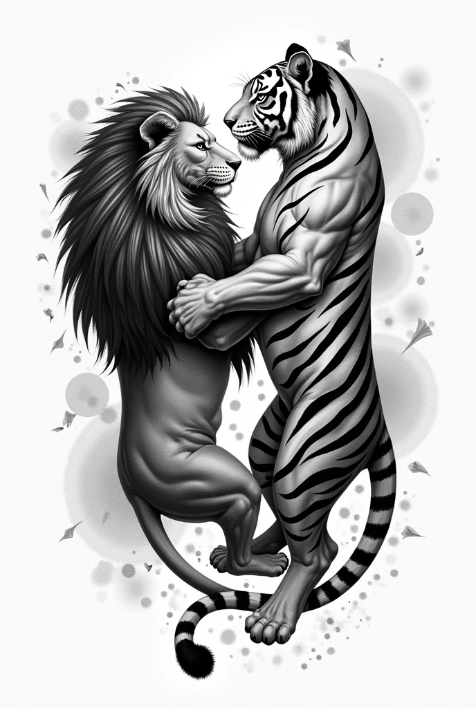 a black and white color tattoo of a tiger together with a lion

