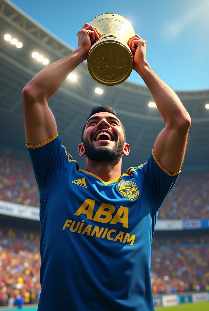 Create a Boca player lifting the Livertadores cup in the Bombonera.