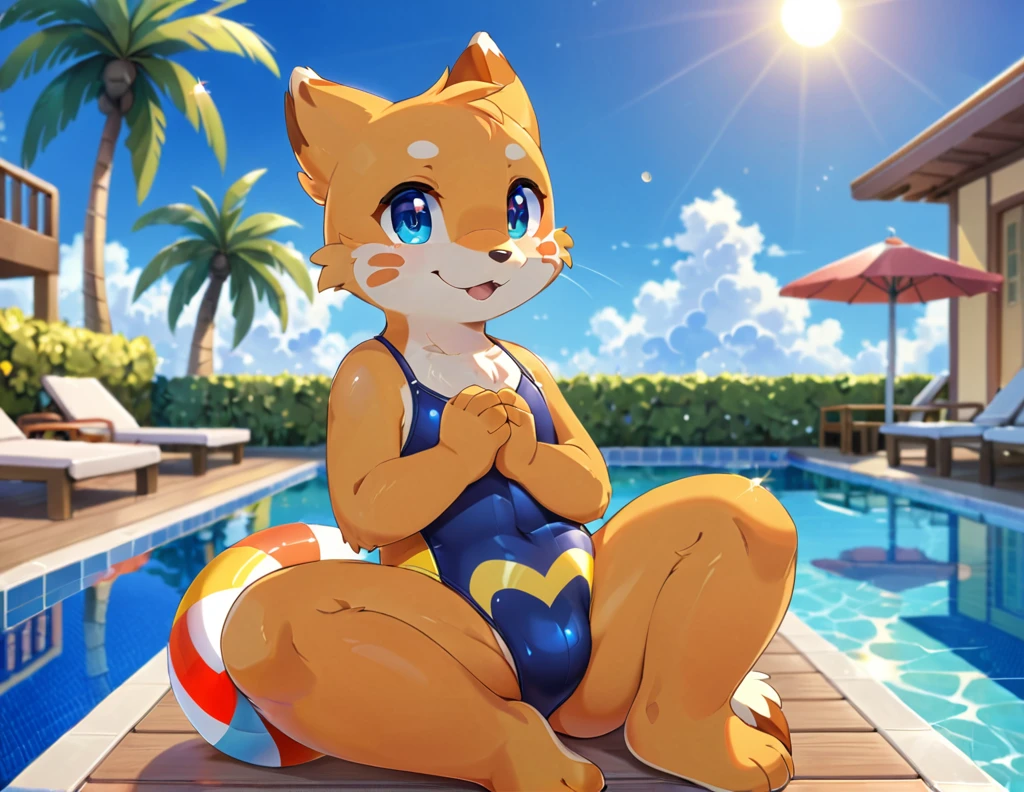 masterpiece, Highest quality, Highest quality, Ultra-high resolution, Detailed Background(Very beautiful face and eyes,) At the poolside of a Southern resort hotel. Under the strong midday sun of midsummer, a Buizel wearing a navy blue swimsuit stands. The swimsuit has a Pokemon-like design. He looks away shyly, his face slightly red. With both hands clasped to his stomach, he looks a little uneasy by the empty poolside. There is no one else around the poolside, which is lined with parasols, deck chairs, and palm trees. The sparkling surface of the water reflects Buizel’s uneasy feelings. In a cute, anime style.