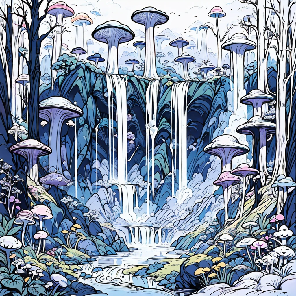 ColoringBookAF, Black and white, whimsical fantasy waterfall in a forest with mushrooms and fantasy plants,