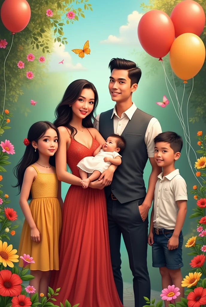 Realistic Pinoy family pictorial.woman beautiful with dress currying  girl .and Man handsome with attire.and girl  with dress .and boy  with attire.and boy  with attire . with flowers baloons butterflies 