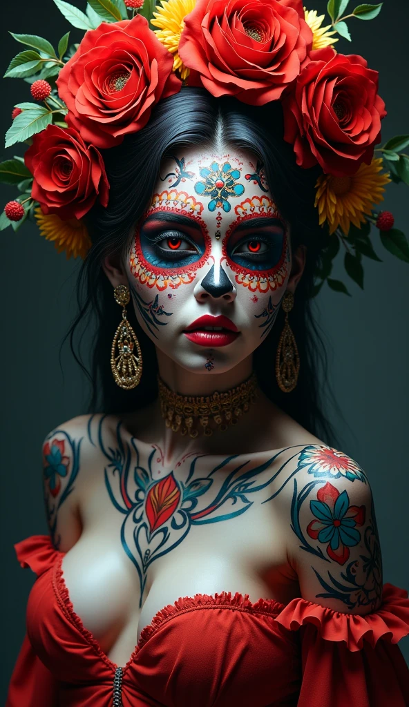 beautiful detailed eyes, beautiful detailed lips, extremely detailed eyes and face, ruby red irises, thick eyebrows, portrait, girl with multi-color day of the dead makeup, nude figure, dramatic lighting, dramatic pose, intricate headdress, vibrant colors, cinematic composition, digital painting, hyper detailed, artstation, award winning, nude masterpiece, (wide angle:1.4), wearing nothing but high heels, contrapposto stance, whole body tattooed, body piercings, accurate nipples, defined areola, rosy pink areola