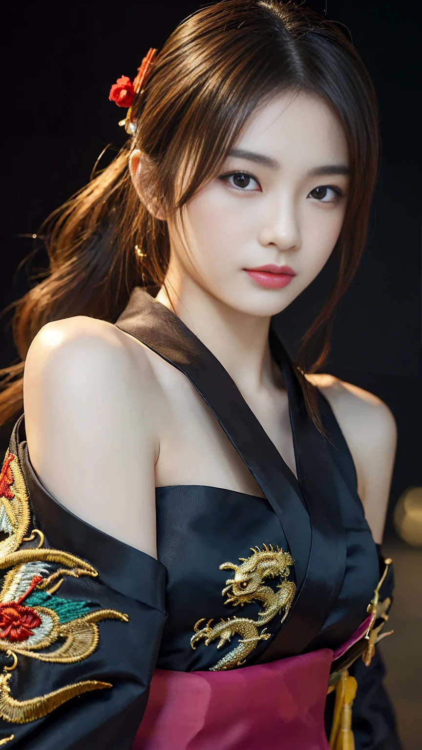(masterpiece:1.2), Very detailedな, Ultra-high resolution, (Realistic, photo Realistic:1.37), High resolution raw color photos, Professional photos, Very delicate and beautiful, Very detailed, finely, Large file size, Very detailed beautiful girl, Very detailed face, Very detailed eyes, Very detailed skin, Very detailed nose, Very detailed mouth, Perfect Anatomy, Very detailed背景, (Famous Japanese actresses:1.2), (Improve:1.1), (Flat Chest:1.2), Dynamic Lighting, steampunk, whole body, (Dragon Embroidery Kimono:1.3), Black background, Exposing shoulders, (Dynamic pose:1.1), Underarm, (Dynamic pose:1.3)