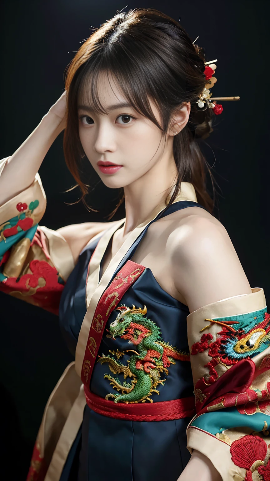 (masterpiece:1.2), Very detailedな, Ultra-high resolution, (Realistic, photo Realistic:1.37), High resolution raw color photos, Professional photos, Very delicate and beautiful, Very detailed, finely, Large file size, Very detailed beautiful girl, Very detailed face, Very detailed eyes, Very detailed skin, Very detailed nose, Very detailed mouth, Perfect Anatomy, Very detailed背景, (Famous Japanese actresses:1.2), (Improve:1.1), (Flat Chest:1.2), Dynamic Lighting, steampunk, whole body, (Dragon Embroidery Kimono:1.3), Black background, Exposing shoulders, (Dynamic pose:1.1), Underarm, (Dynamic pose:1.3)