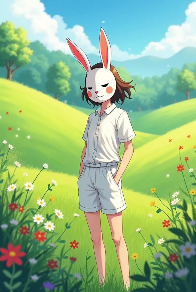 with white shorts and shirt and rabbit mask on a green anime field