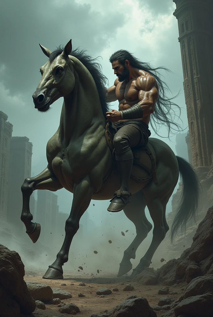A muscular centaur fighting a gargoyle