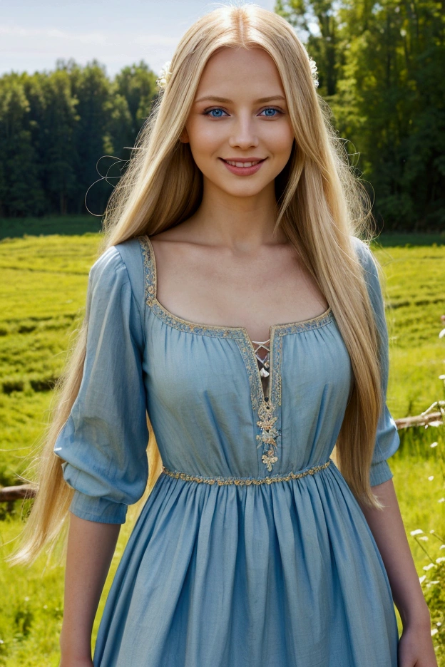 A beautiful woman, long straight blond hair, piercing blue eyes, wearing a flowing peasant dress, smiling radiantly, serene countryside background, natural lighting, highly detailed, cinematic composition, vibrant colors, digital art, concept art style