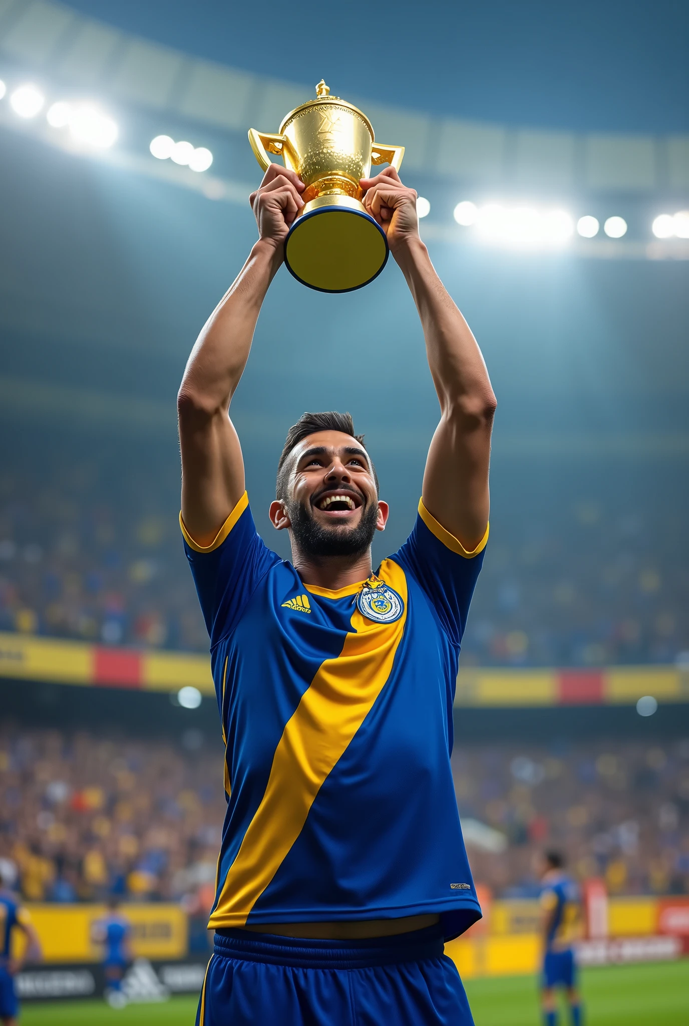 Create a Boca player lifting the Livertadores cup in the Bombonera.