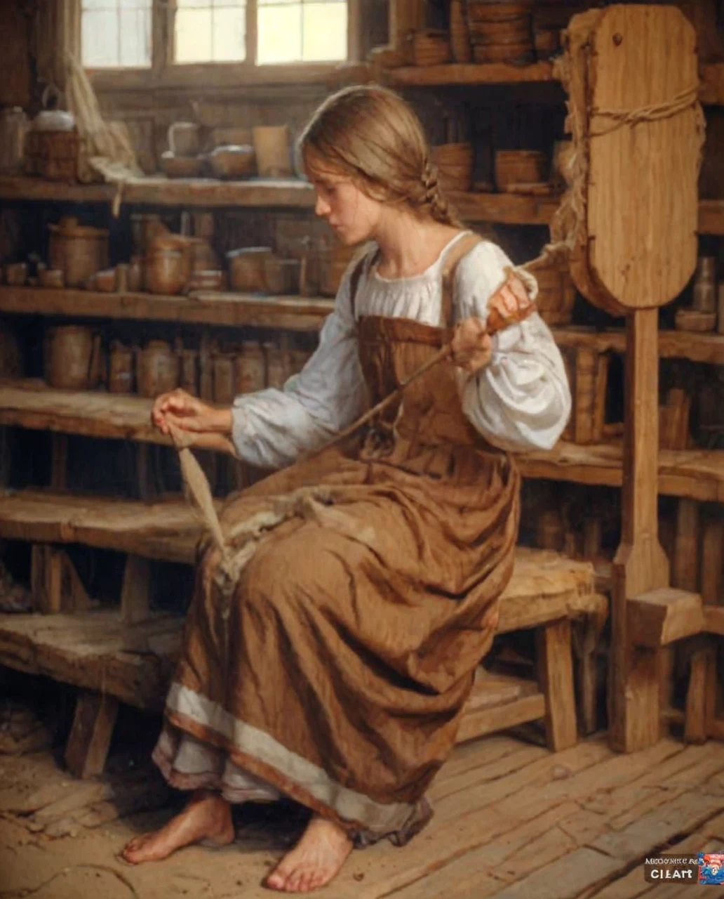 The girls are serf workers of the workhouse, young and beautiful, but exhausted by unbearable hard labor, like jaded animals, intimidated and beaten, barefoot in torn shirts made of coarse canvas and skirts made of burlap, barefoot, their hair is disheveled, not washed for a long time, sweaty, drops of sweat on their face and body, heat stuffiness, many details hyperrealism, gloomy the atmosphere, hopelessness and hopelessness