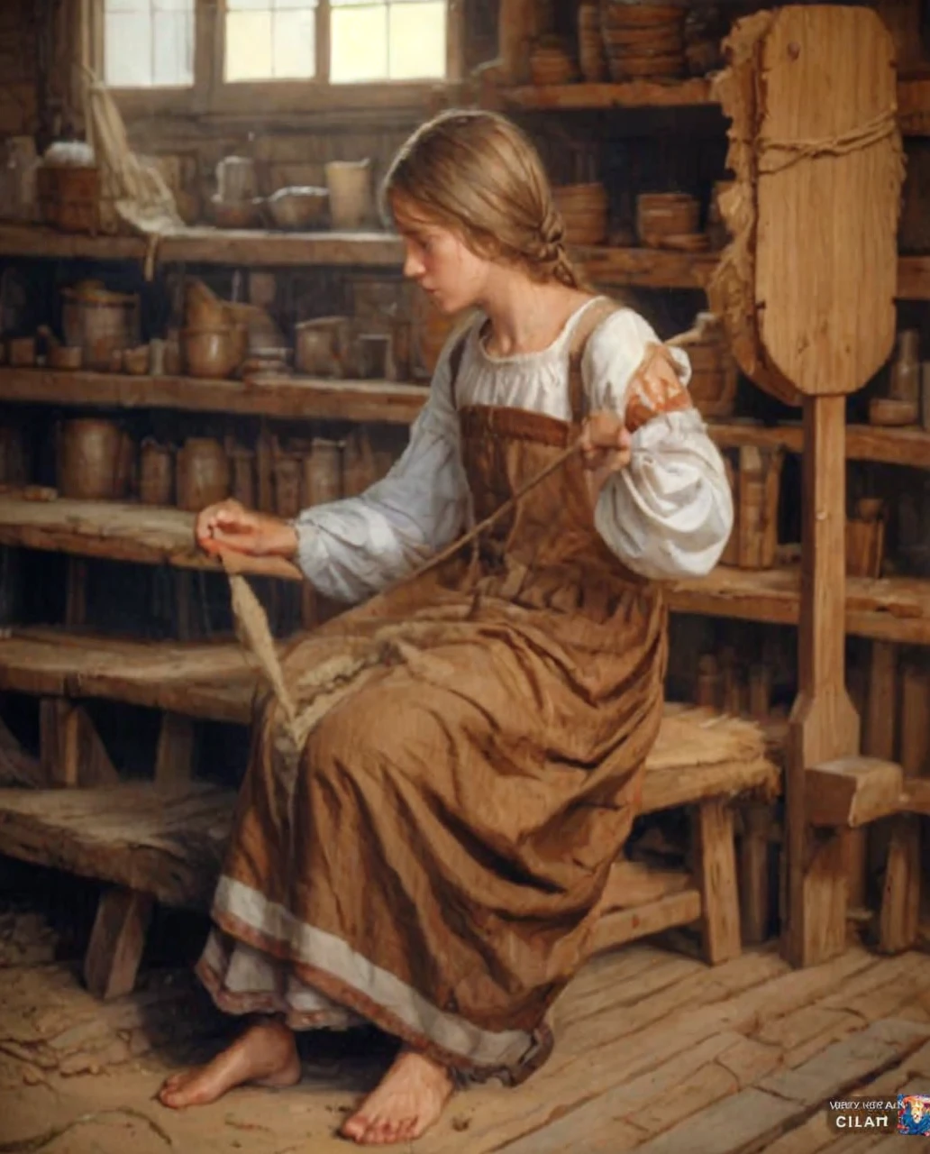 The girls are serf workers of the workhouse, young and beautiful, but exhausted by unbearable hard labor, like jaded animals, intimidated and beaten, barefoot in torn shirts made of coarse canvas and skirts made of burlap, barefoot, their hair is disheveled, not washed for a long time, sweaty, drops of sweat on their face and body, heat stuffiness, many details hyperrealism, gloomy the atmosphere, hopelessness and hopelessness