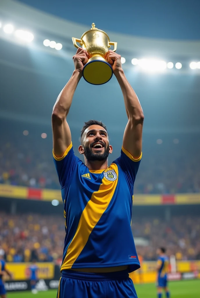 Create a Boca player lifting the Livertadores cup in the Bombonera.