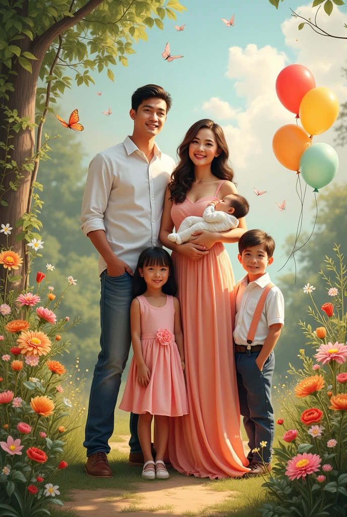 Realistic real  Pinoy family pictorial.woman beautiful with dress currying baby girl .and Man handsome with attire.and girl  with dress .and boy  with attire.and boy  with attire . with flowers baloons butterflies 