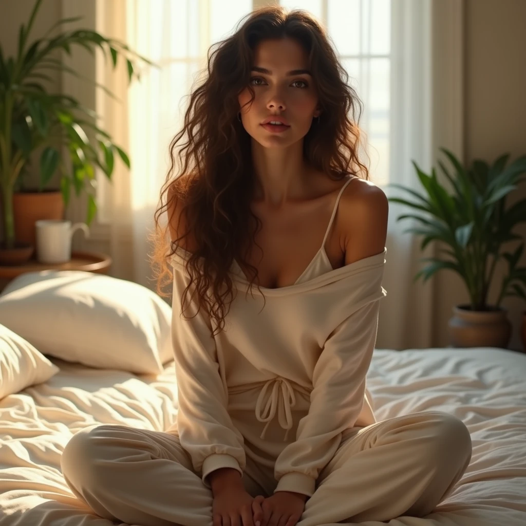 (photorealism:1.2), beautiful woman, sitting on bed, wearing loose off-shoulder top, pajama pants, long curly hair, indoors, soft lighting, plants in background, window with sunlight, cozy room, relaxed pose, realistic, intricate details, warm colors, by Greg Rutkowski, by Alphonse Mucha