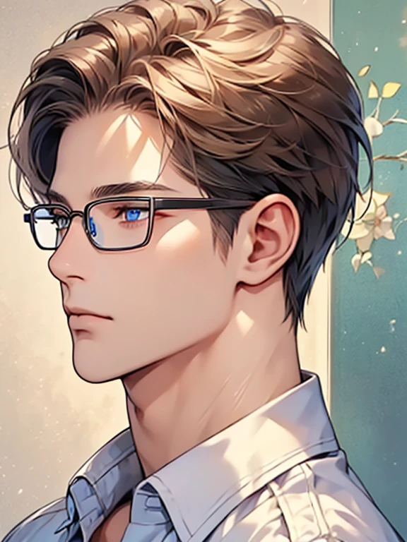 masterpiece, best quality, 1male, brunette hair, blue eyes, glasses, white shirt, mugshot, wall background, detailed eyes, detailed facial features, realistic and high resolution (best quality, 4k, 8k, highres, masterpiece:1.2)