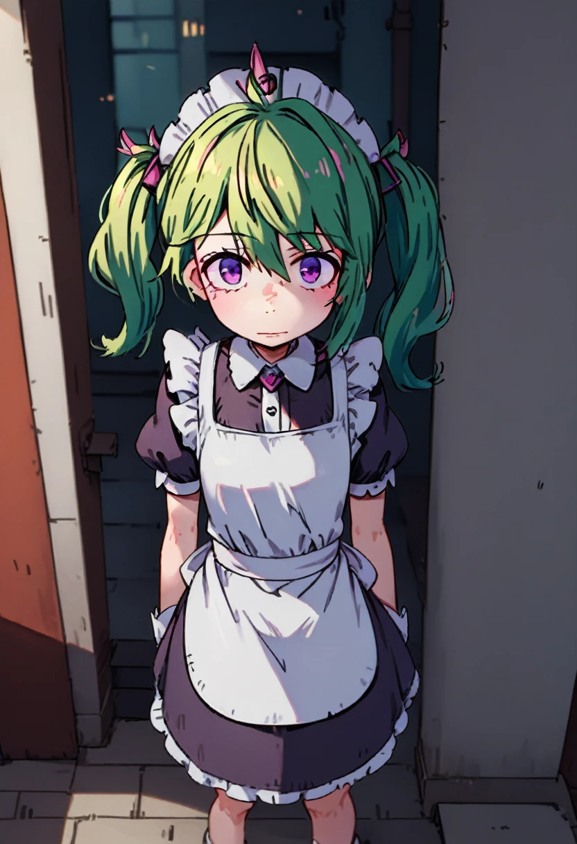 score_9, score_8_up, score_7_up,  1girl, solo, sexy, source anime, masterpiece, illustration
 corin wickes, 1girl, green hair, purple eyes, hair between eyes, twintails, maid headdress, puffy short sleeves, black dress, white apron,
from above, at alley, indoors, sunny day, looking at viewer, action scene,
