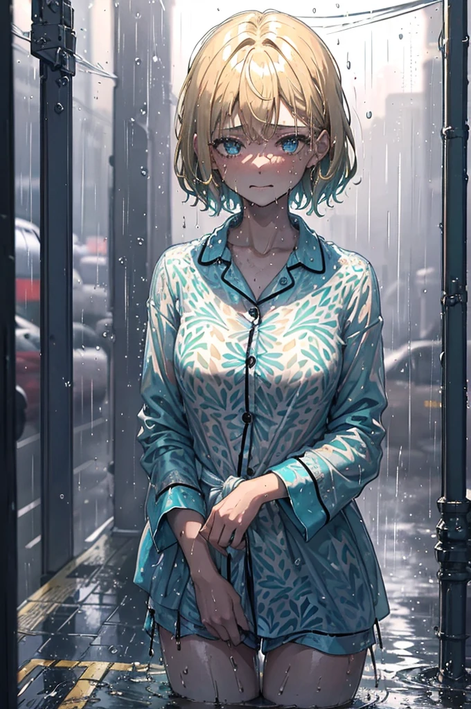 ((Soaking wet patterned and buttoned-up pyjama shirt)), All of the pyjama shirt is equally wet all over, teal-coloured shirt, soaking wet, drenched to the bone, Outside in the dark dimly lit streets, wearing nothing but her pyjama shirt, patterned shirt, soaking wet, heavy rainfall, caramel-blonde hair, gorgeous amazing eyes, depressed purple eyes, crying, sad, very dark, nighttime, pyjama shirt clinging to her body from the rain, very short hair, coloured pyjama shirt, naked below the waist, tiny breasts, revealing, fabric sticking to her skin, 