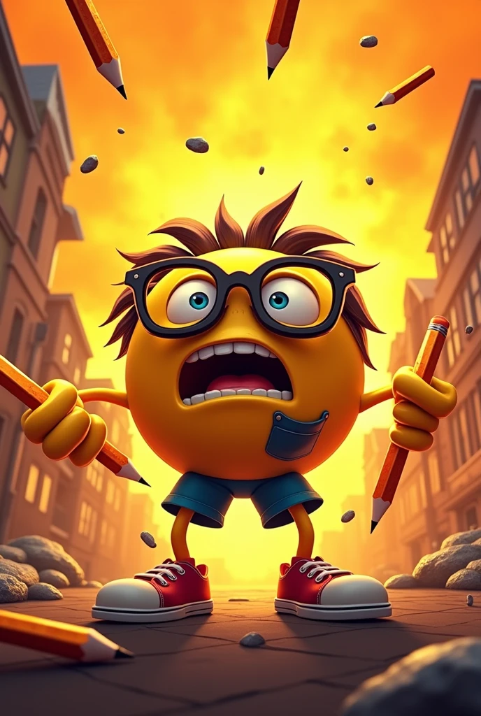 Make a nerd emoji with the sky all yellow with everything on fire and with the nerd emoji dropping pencils from its hands