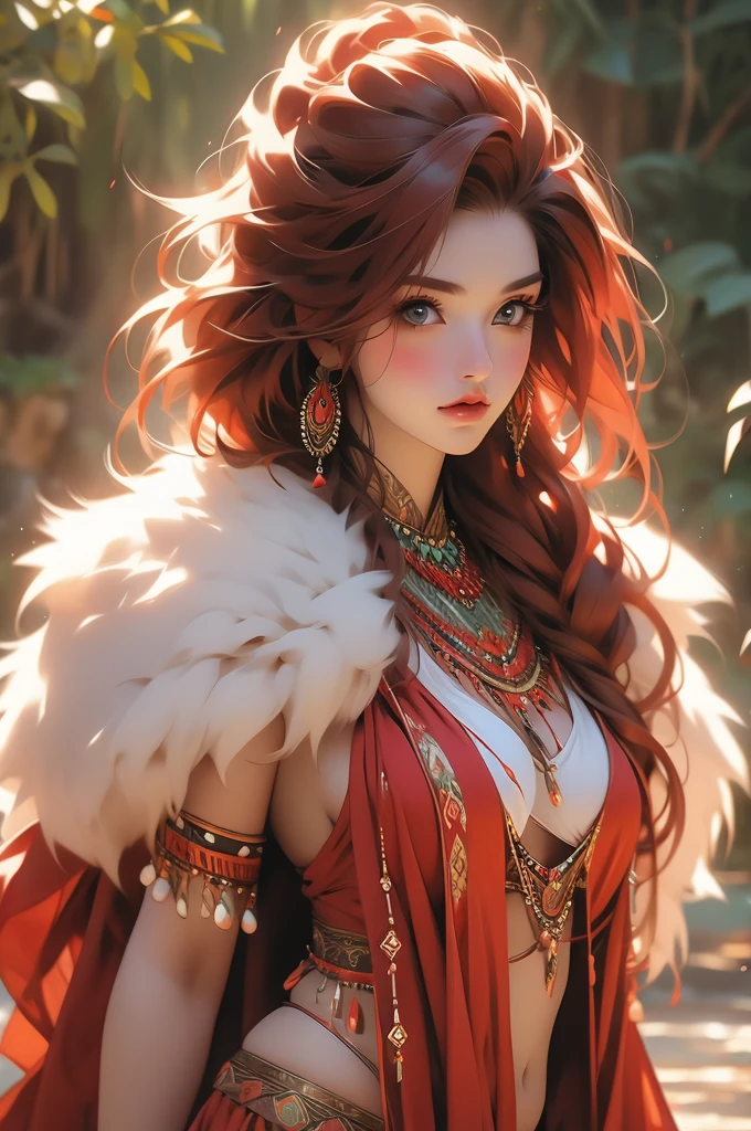tribal clothing, fur bikini, primeval woman, red hair, confused, voluptuous