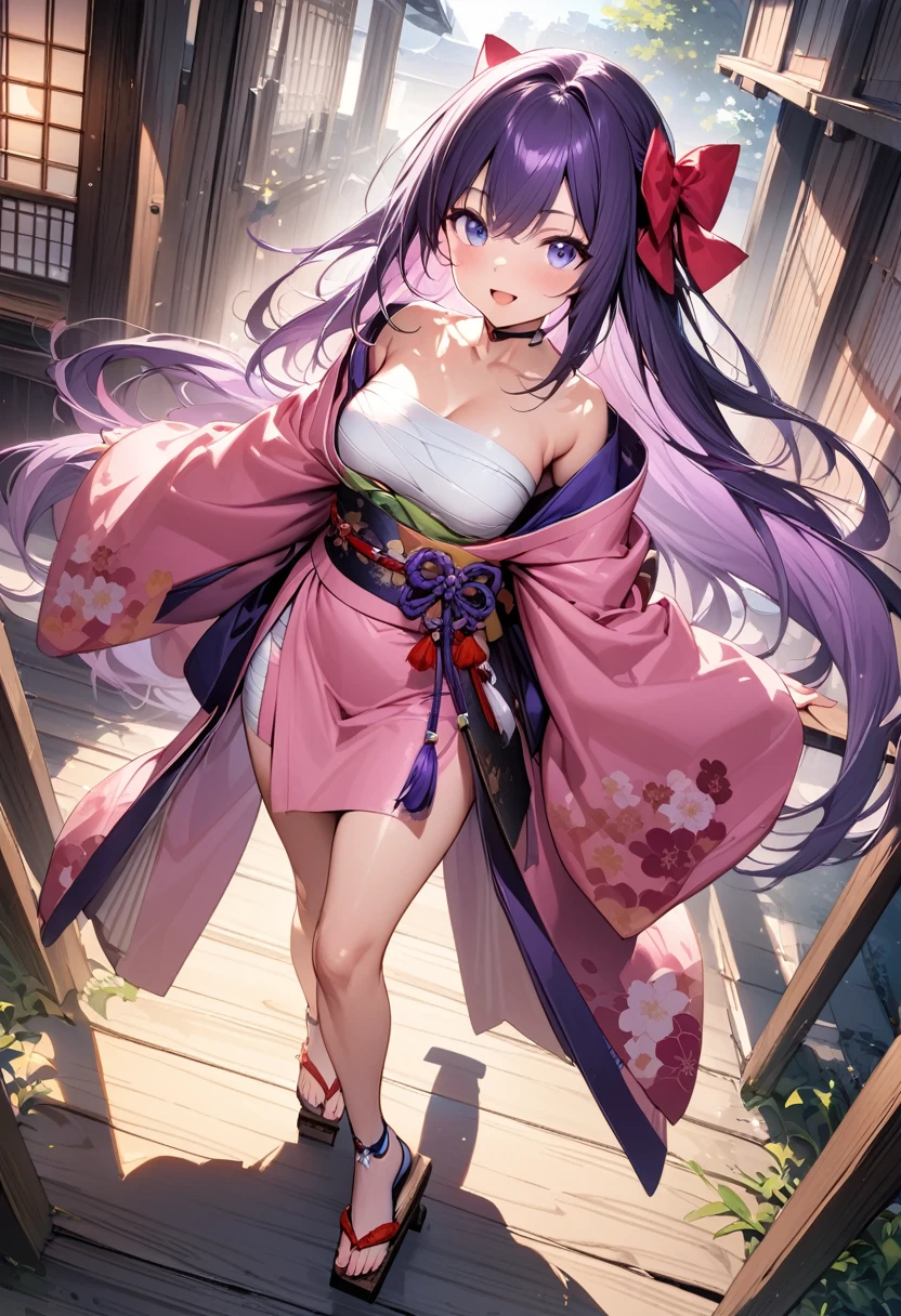 (masterpiece, best quality:1.2), 1girl, solo, long hair, one side up, hair ribbon, pink ribbon, nude