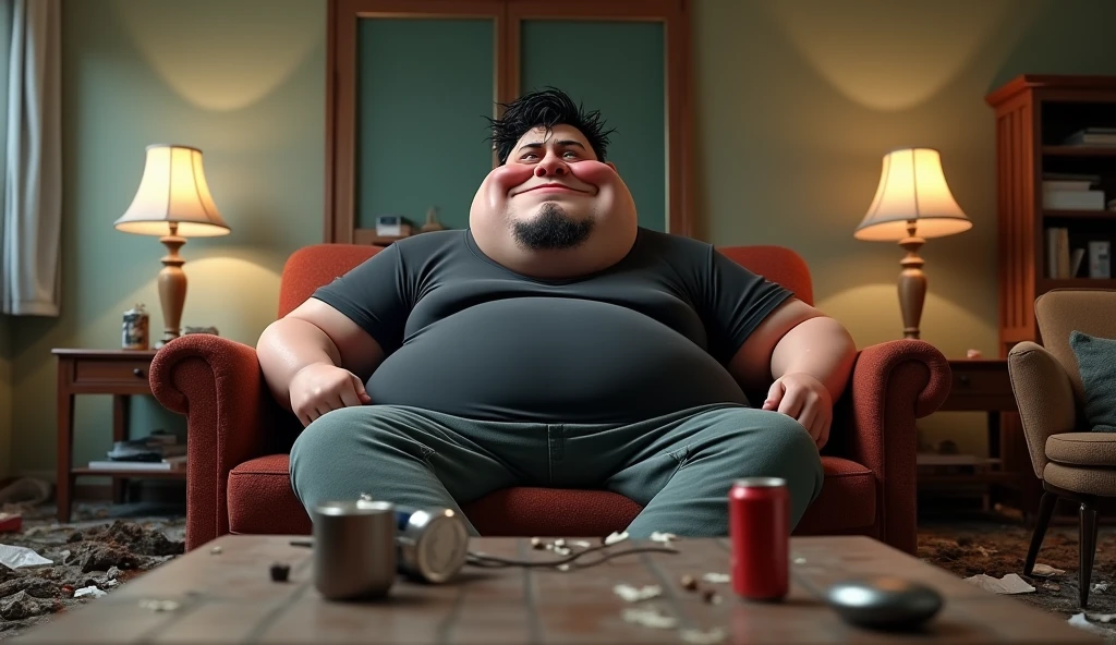 In the style of the 3D animation film (Caricature). An extremely obese 30-year-old on a dirty sofa. He wears sweatpants and a black band shirt. The lower jaw protrudes to the overbite, his hair is black and greasy, he has a distinct beard shadow. In front of him a tiled table with waste, Beverage cans and a streaming microphone. The room is very messy and dirty.