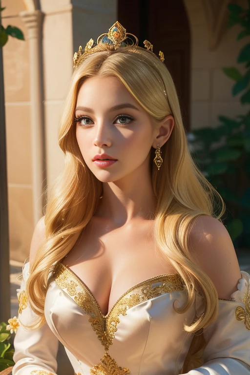 cinderella,1girl,beautiful detailed eyes,beautiful detailed lips,extremely detailed face,long eyelashes,flowing blonde hair,ornate crown,elegant royal dress, with breasts exposed, intricate embroidery,castle courtyard,lush garden,sunlight streaming in,dramatic lighting,photorealistic,8k,highres,detailed,fantasy