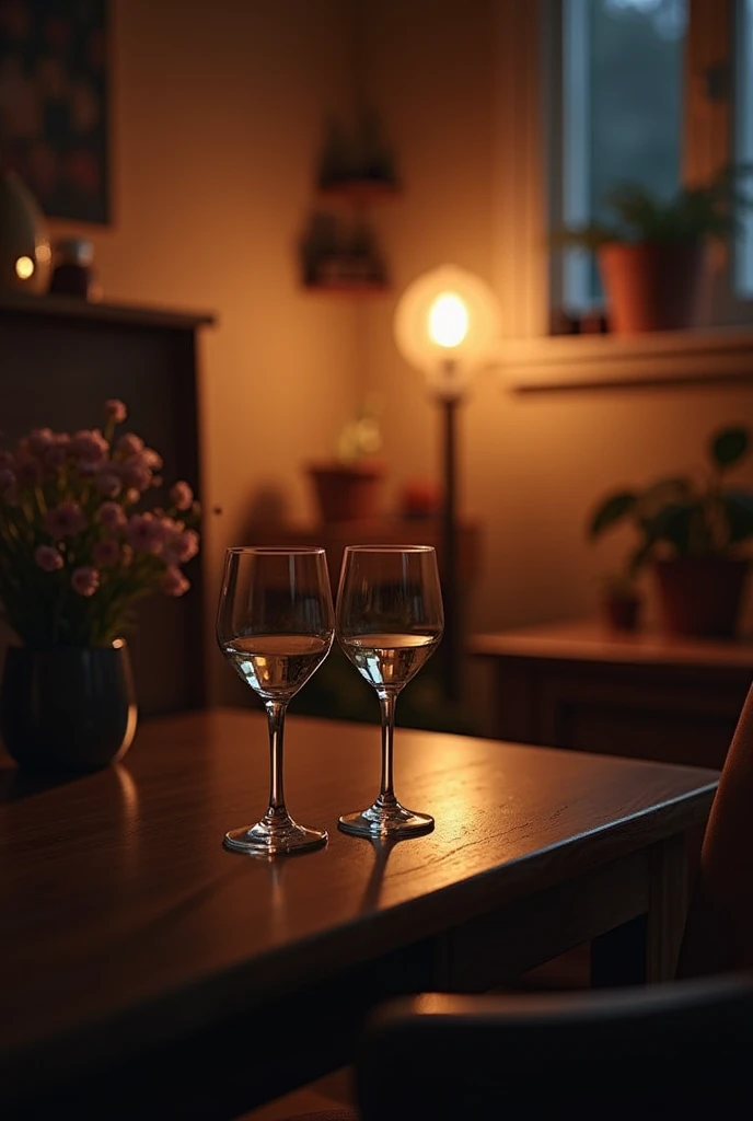 Photo of two wine glasses, on a desk, the night, in a house room