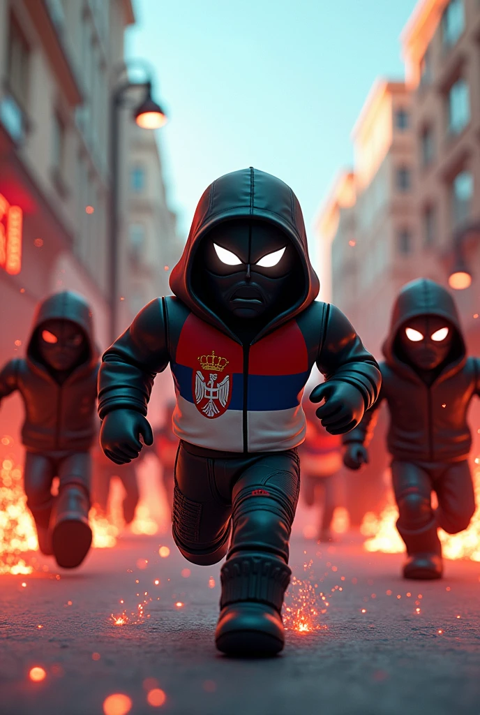 Roblox blocky avatar hooligans with masks running on a Street with flares and the leader with an Serbian flag on shirt
