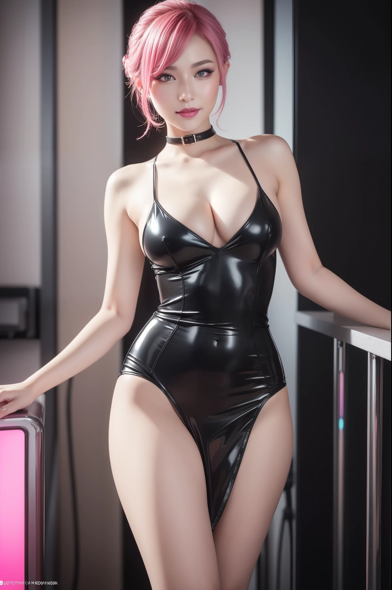 A stylish idol with glossy transparent lipstick, happy smile, defined eyebrows, edgy makeup, long eyelashes, full body, wearing a sheer neon pink latex dress, colorful hair,  (best quality, 4k, 8k, highres, masterpiece:1.2), ultra-detailed, (realistic, photorealistic, photo-realistic:1.37), HDR, UHD, studio lighting, ultra-fine painting, sharp focus, physically-based rendering, extreme detail description, professional, vivid colors, bokeh, nsfw, lesbian, vivid colors