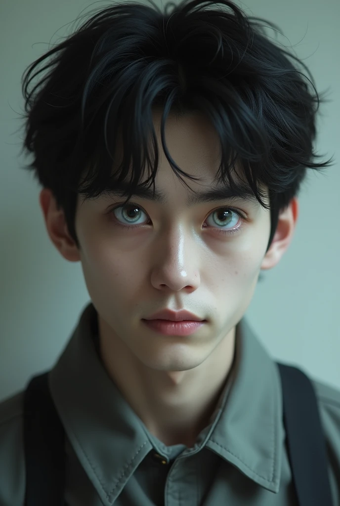 Young man, , 1,79 tall, 78 kilos, short black hair, Caucasian skin, plain clothes and white eyes with black pupils.