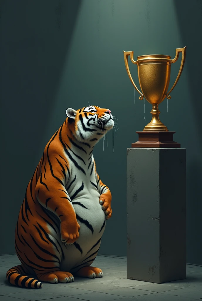 I want you to show me a fat tiger , obese , Tears are falling down her eyes she is crying as she looks at a trophy she will never be able to obtain , The trophy is on a pedestal illuminated with spotlights 