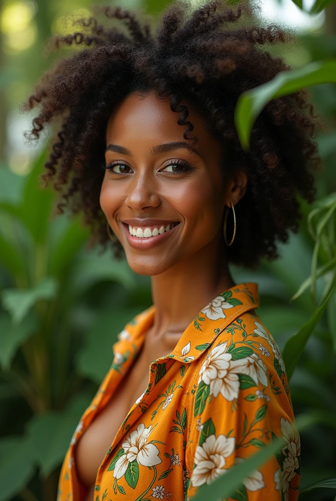 A Brazilian woman in a lush tropical garden, wearing an open shirt with a floral print, with a close-up capturing the harmonious beauty between her breasts and the natural flowers, showing off your natural charm and outgoing personality.