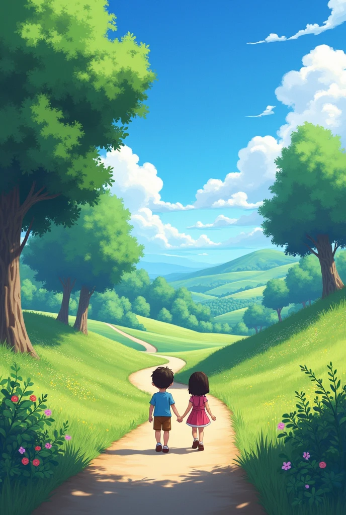 An image of the road showing 2 children between 3 and with their backs turned