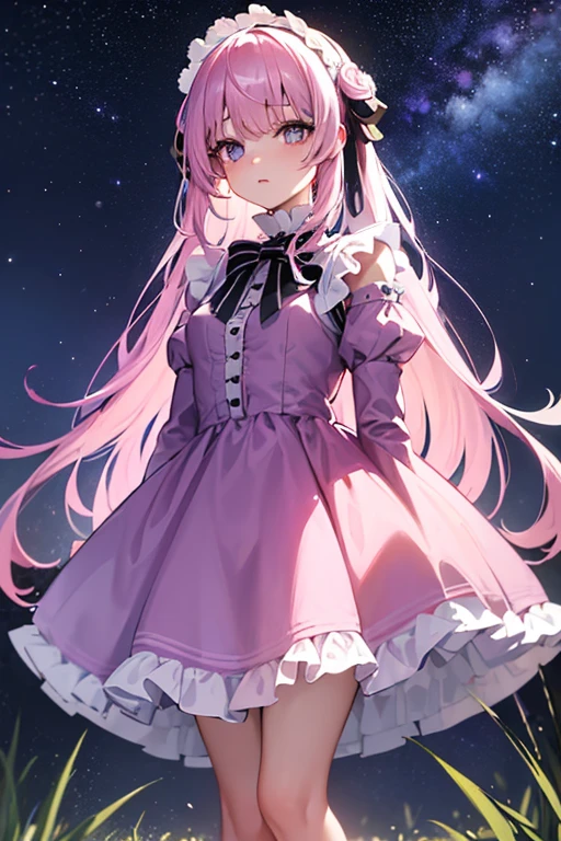 ((work of art,best qualityer)), (1 girl, standing alone:1.4),beautiful detailed eyes, pastel pink and lavender floating hair, lavender eyes, Lolita dress, at night, starry sky, shining stars, looking ahead at viewer 