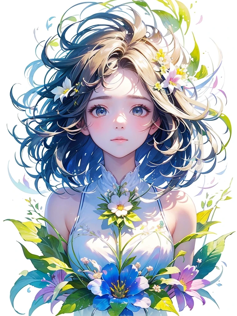 (masterpiece、Highest quality、Highest quality、Beautiful and beautiful:1.2)、Excellent anatomy、(Watercolor painting 1.5)、Long Shot、straight short hair images、Trendy Hair Color, Beautiful Face、Beautiful profile, I look up to the sky, close my eyes and pray, Fairy, 蝶のFairyのコスチューム、Pure white、Pure、charm, Colorful flowers of different colors, Flower and leaf wind、Botanical Art, Looking up to the sky