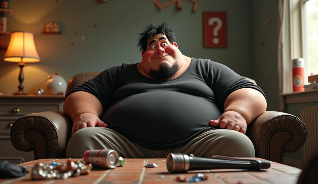 Im Stil von Pixar 3D-Animation filmen (Caricature). An extremely obese 30-year-old on a dirty sofa. He wears sweatpants and a black band shirt. The lower jaw protrudes to the overbite, his hair is black and greasy, he has a distinct beard shadow. In front of him a tiled table with waste, Beverage cans and a streaming microphone. The room is very messy and dirty.