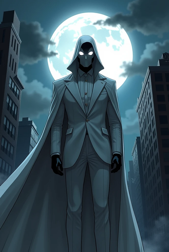 In the moonlit cityscape, a figure rises, looking forward with unwavering determination. Dressed in an impeccable white suit and a huge crescent moon-shaped cape, a white mask, bright white eyes and a hood that ends in a point, Moon Knight (Marc Spector) exudes an aura of sophistication and power, combining the elegance of his outfit with the mystique of his vigilante identity. As the moonlight casts dramatic shadows, prepares to face an ancient prophecy that threatens to plunge the city into darkness. With his mystical powers and combat skills, Moon Knight must navigate a world of supernatural peril and personal turmoil. Will his keen intelligence and formidable presence be enough to decipher the prophecy and protect the city??, Or will the impending chaos be too overwhelming???