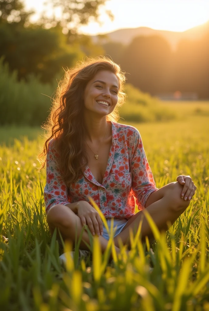 Adult women smoking cannabis herb marijuana cigarette, in an open field, sitting on the grass, radiant sun, Color image with lots of sunlight, wearing shorts and a colored shirt, arbokes at the bottom, very tall grass