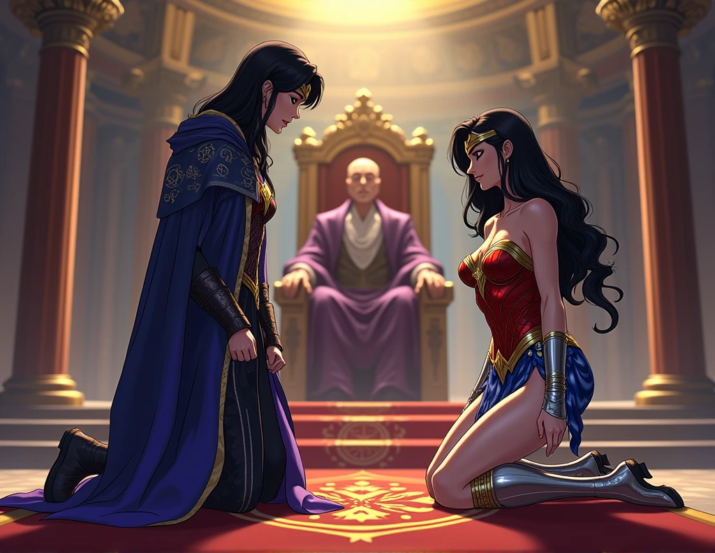 Zatanna zatara with side bangs in medieval clothing: Tunics and Long Robes, Magical Details, Capes and Hooded Capes, Magical Accessories, Colors and Textures, Boots or Elegant Shoes, Belts and Girdles being a sorceress anime isekai from head to toe, prostrating themselves before a king alongside Wonder Woman+
