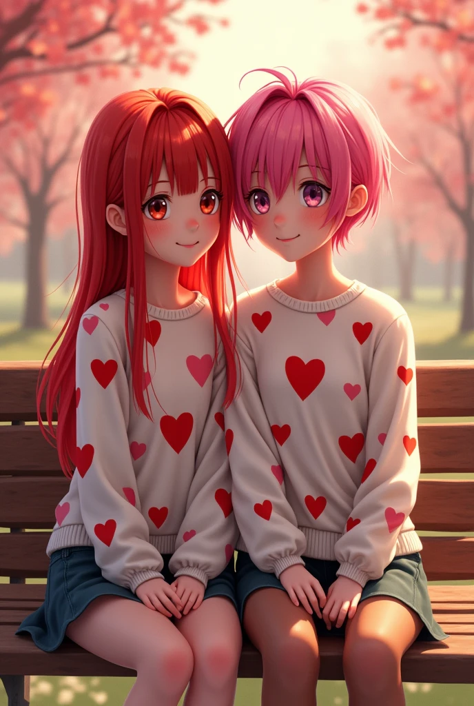 Redhead woman with her boyfriend with pink hair,with hearts clothes,sitting on a bench,looking straight ahead