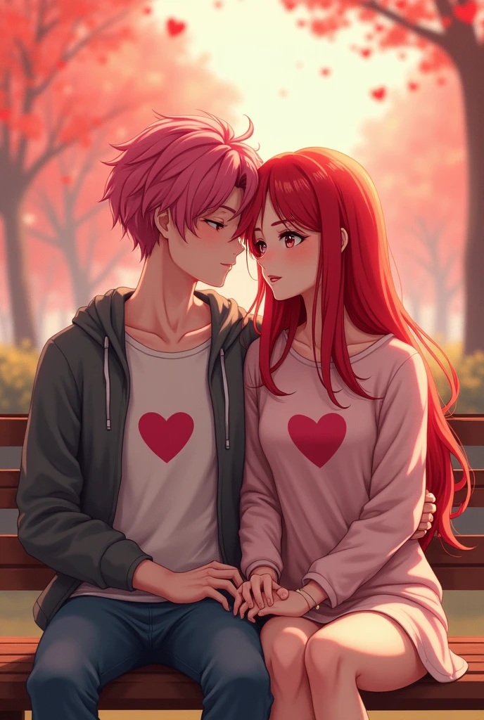 Redhead woman with her boyfriend with pink hair,with hearts clothes,sitting on a bench,looking straight ahead