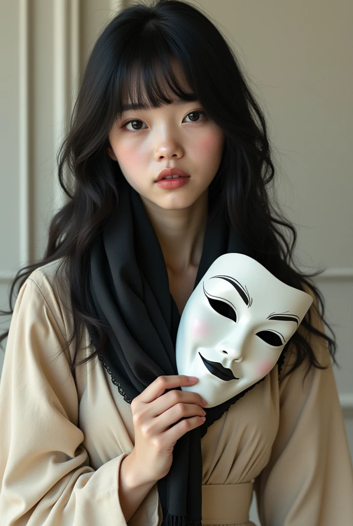 black hair girl with bangs black and white theater comedy mask beige dress with black tights black scarf