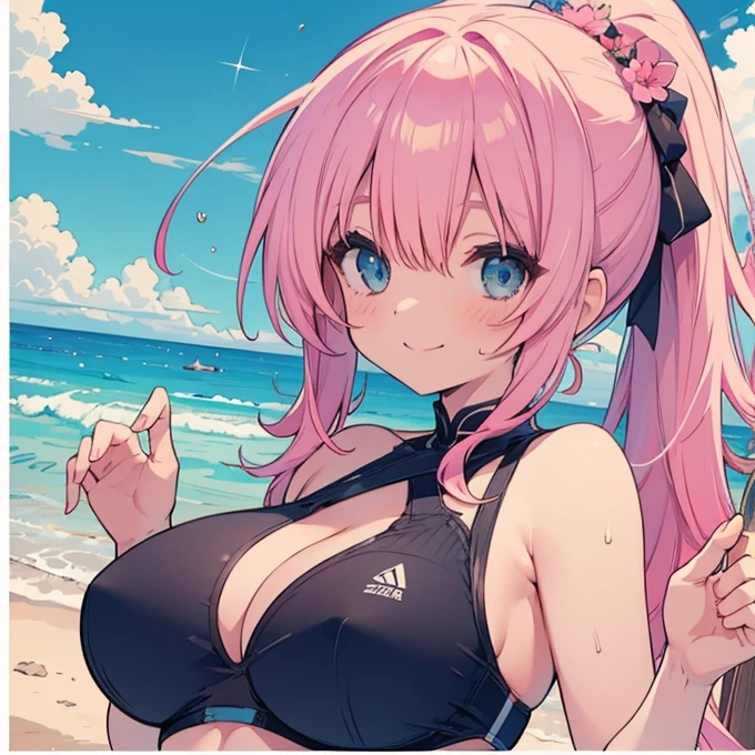 delicate、masterpiece、Highest quality、2 peopleの、2 peopleだけ、2 people、Embrace each other、(((cute、Pink Hair、Long Hair、Twin tails,distinct eyes、haveは無し)))、(((cute、Silver Hair、Side Tail、High ponytail on the left、have)))、Flat Color、2 peopleとも正面を向いている、Sparkling eyes sketch(flying debris), (Highest quality), Very detailed, ((1 person)), Focus Only,dynamic,((smile)),Perfect Face, Beautiful Face, Very detailedな顔,Swimwear,Idle only,Gorgeous hair ornament,smile,Large Breasts,Sandy Beach,Underarm、Sweat、Wide-angle shot, Raise your arms