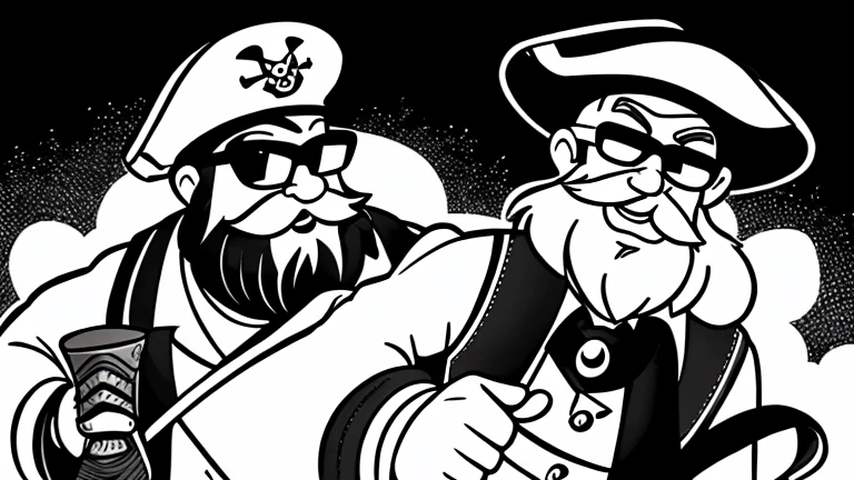 illustration cartoon 1930 years retro, image comic black and white, single character toon male latin beard and sunglasses, with clothes classic pirate, dark background, image format sticker.