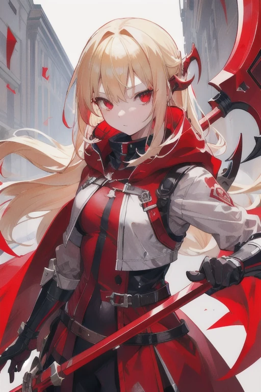 A girl, blonde hair, Red eyes, clear skin, wearing a red hood, holding a red metal scythe, wearing tight scarlet clothing