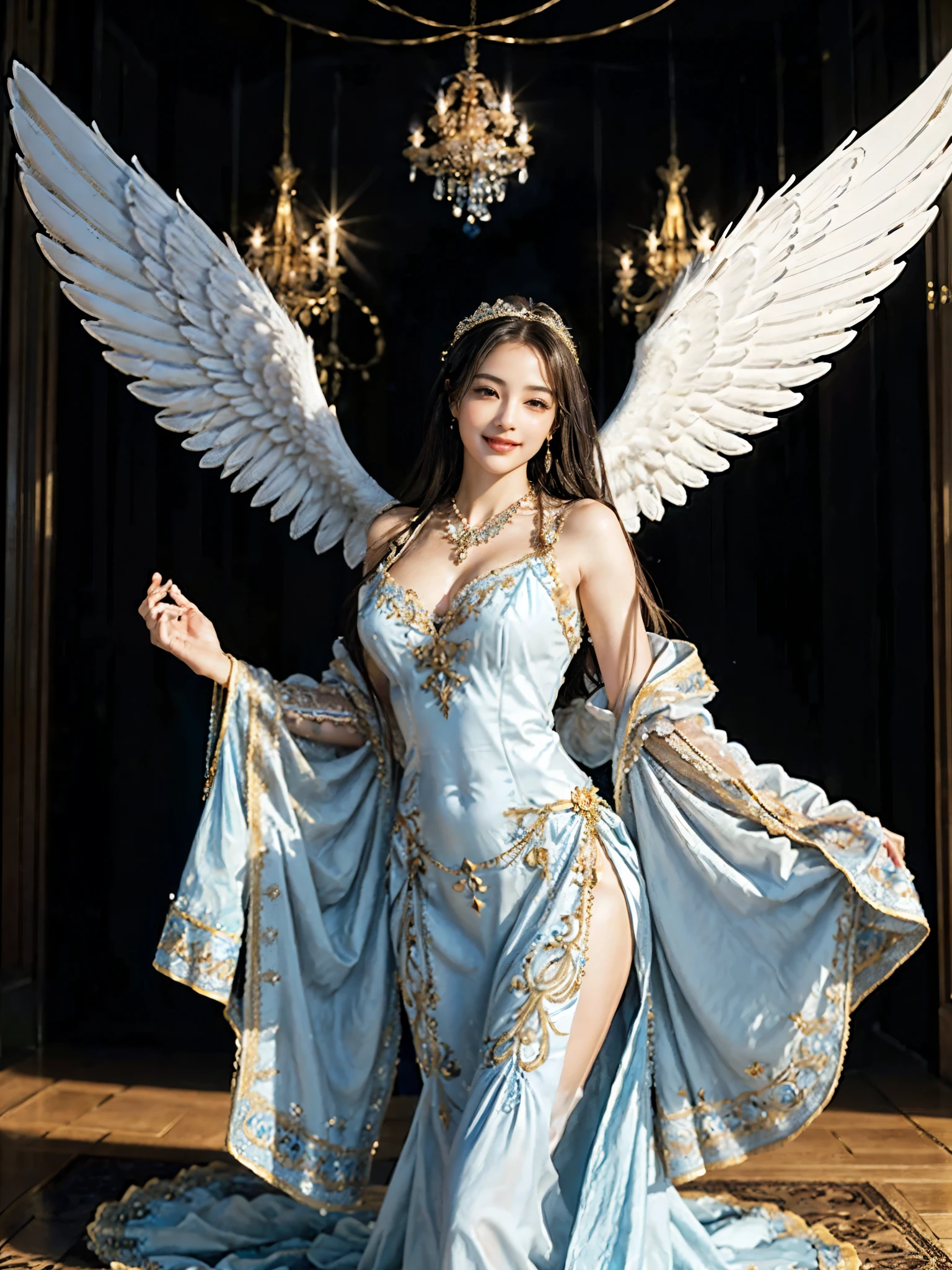 ((Very beautiful angel queen,The final form as a perfect angel, the masterpiece of an angel,Huge and intricate angel wings,The most dignified wings,Golden light,shining background,The most opulent and holy temple background,White and gold temple background,King of Angels, The most dignified angel, ((extremely detailed beautiful dresses)), (Intricate and solemn dresses, Light blue and gold embellishment dress on white, Light blue and gold dress on white base), (The most intricate and beautiful dresses, dresses decorated with some expensive jewels), ((extremely detailed gorgeous jeweled necklace)), Complex and majestic angel figure, The most intricately depicted figure of an angel, The World's Most Beautiful, Unimaginable beauties, (slim figure, attractive body shape, divine atmosphere), (smooth thin hair very fluttering in the wind, shiny hair), Intricate reproduction of the perfect angelic detail, The figure of an unimaginably gorgeous angel, The figure of an unimaginably huge angel)),((Most beautiful face, Half Japan and half Spanish, The biggest happy smile, The most luxurious and intricate dresses, The biggest smile looking at the camera)), Beautiful firm cleavage, beautiful clavicle, (Beautiful firm medium breasts), (Elegant standing figure, Fold your hands in front of your navel,)),Chest that seems to burst, Giant wings of angels, The background is the appearance of a perfect angel castle,Masterpiece,8K,very intricate, ultra detailliart, captivating and visually stunning piece of fractal art featuring, created by a renowned artist, vibrant colors. Formal artistic quality with strong aesthetic appeal.