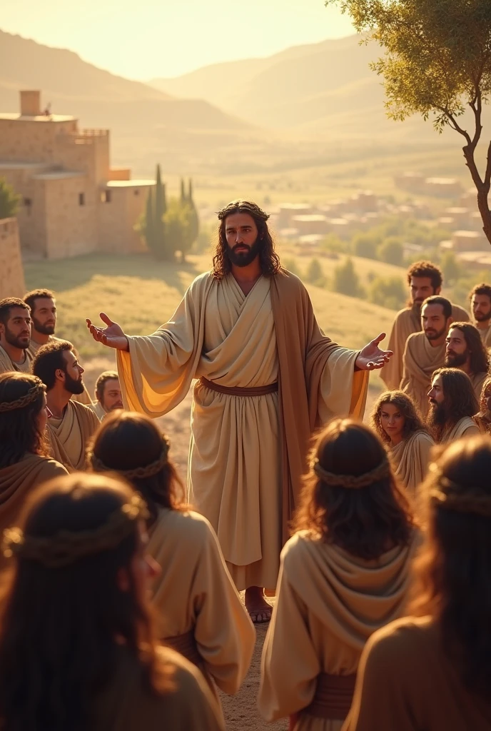 create an image based on the time of jesus christ about this text "How many times do we prioritize our material concerns and leave aside what really matters? Just as God called the people through Haggai to rebuild the temple and put spiritual work first, Jesus teaches us in Matthew 6:33 to seek the Kingdom of God before all else. When our priorities are aligned with Him, we find true peace and lasting blessings. May we reevaluate our lives and remember that true prosperity lies in putting God at the center of everything."
