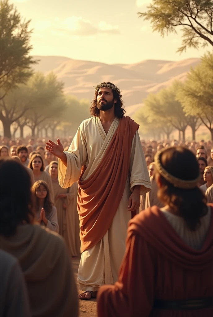 create an image based on the time of jesus christ about this text "How many times do we prioritize our material concerns and leave aside what really matters? Just as God called the people through Haggai to rebuild the temple and put spiritual work first, Jesus teaches us in Matthew 6:33 to seek the Kingdom of God before all else. When our priorities are aligned with Him, we find true peace and lasting blessings. May we reevaluate our lives and remember that true prosperity lies in putting God at the center of everything."